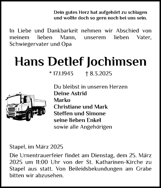 Traueranzeige von Hans Detlef Jochimsen von Schleswig-Holsteinische Landeszeitung
