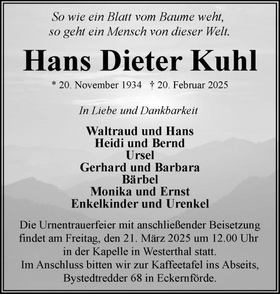 Traueranzeige von Hans Dieter Kuhl von Eckernförder Zeitung, Hallo Eckernförde