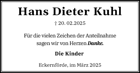 Traueranzeige von Hans Dieter Kuhl von Eckernförder Zeitung, Hallo Eckernförde