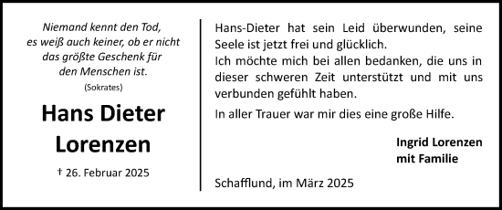 Traueranzeige von Hans Dieter Lorenzen von Flensburger Tageblatt