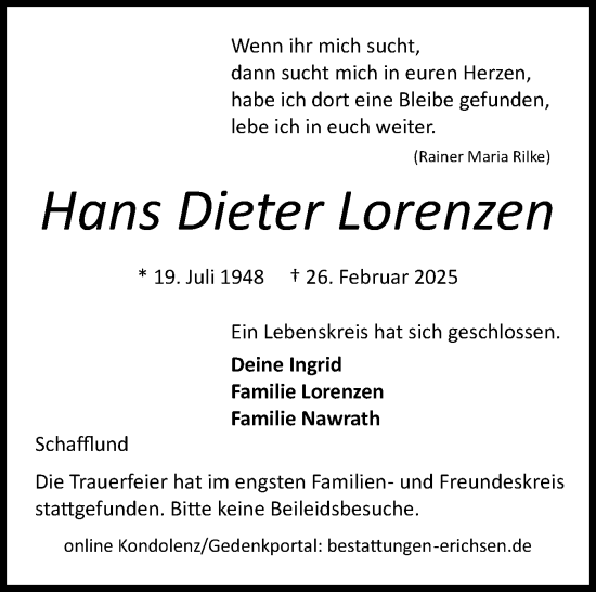 Traueranzeige von Hans Dieter Lorenzen von Flensburger Tageblatt
