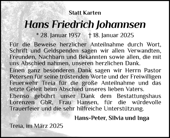 Traueranzeige von Hans Friedrich Johannsen von Region Flensburg