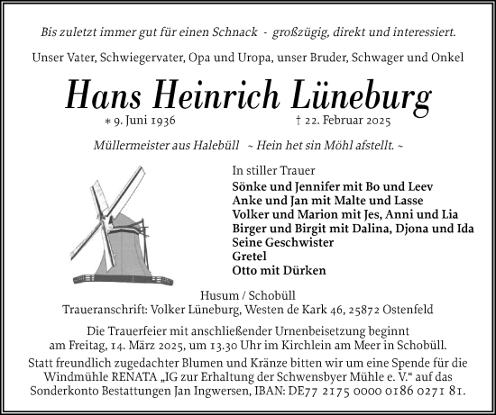 Traueranzeige von Hans Heinrich Lüneburg von Husumer Nachrichten, Nordfriesland Tageblatt