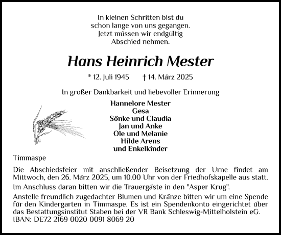Traueranzeige von Hans Heinrich Mester von Schleswig-Holsteinische Landeszeitung