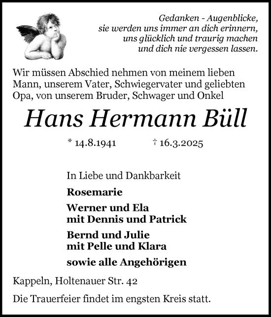 Traueranzeige von Hans Hermann Büll von Schleswiger Nachrichten, Schlei-Bote