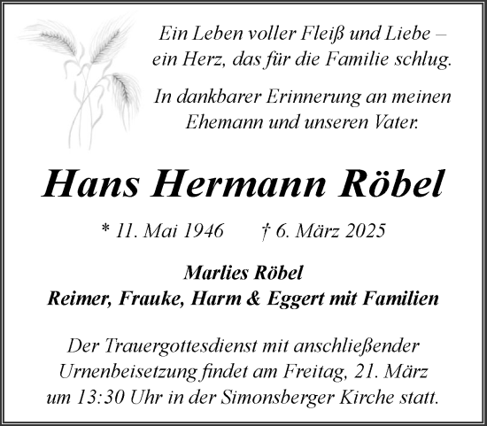 Traueranzeige von Hans Hermann Röbel von Husumer Nachrichten, Nordfriesland Tageblatt