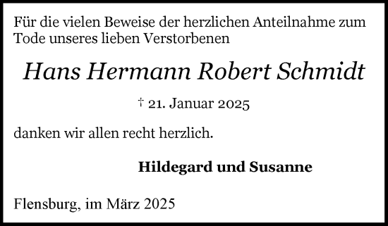 Traueranzeige von Hans Hermann Robert Schmidt von Schleswiger Nachrichten, Schlei-Bote
