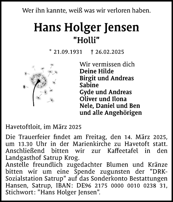 Traueranzeige von Hans Holger Jensen von Flensburger Tageblatt