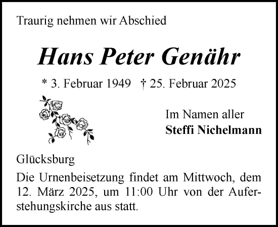 Traueranzeige von Hans Peter Genähr von Flensburger Tageblatt