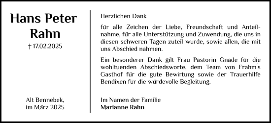 Traueranzeige von Hans Peter Rahn von Schleswig-Holsteinische Landeszeitung