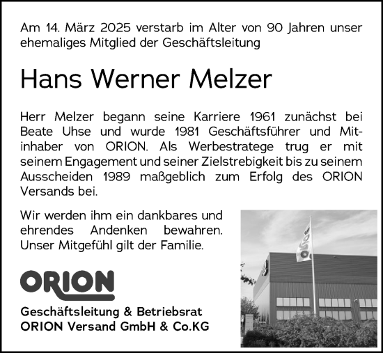 Traueranzeige von Hans Werner Melzer von Schleswig-Holsteinische Landeszeitung