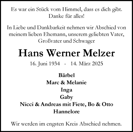 Traueranzeige von Hans Werner Melzer von Flensburger Tageblatt