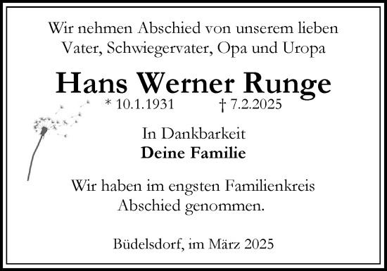 Traueranzeige von Hans Werner Runge von Schleswig-Holsteinische Landeszeitung