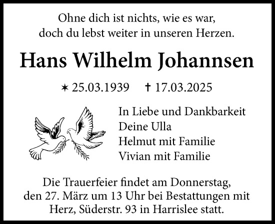 Traueranzeige von Hans Wilhelm Johannsen von Flensburger Tageblatt