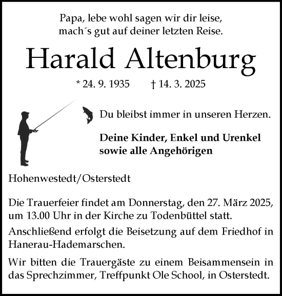 Traueranzeige von Harald Altenburg von Schleswig-Holsteinische Landeszeitung