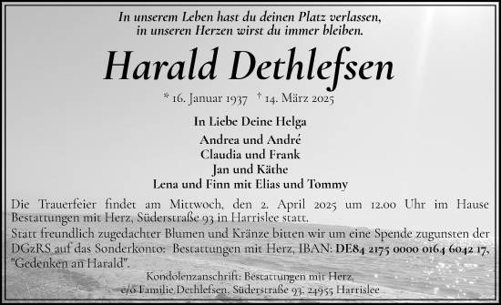 Traueranzeige von Harald Dethlefsen von Flensburger Tageblatt