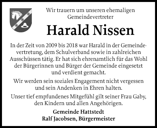 Traueranzeige von Harald Nissen von Husumer Nachrichten, Nordfriesland Tageblatt