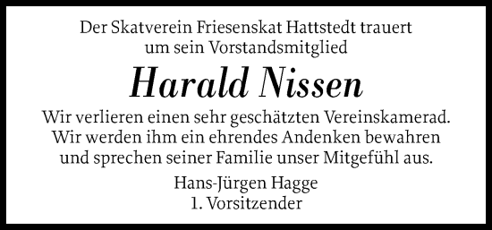 Traueranzeige von Harald Nissen von Husumer Nachrichten, Nordfriesland Tageblatt