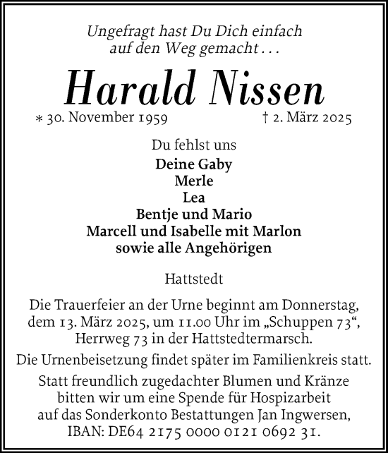Traueranzeige von Harald Nissen von Husumer Nachrichten, Nordfriesland Tageblatt