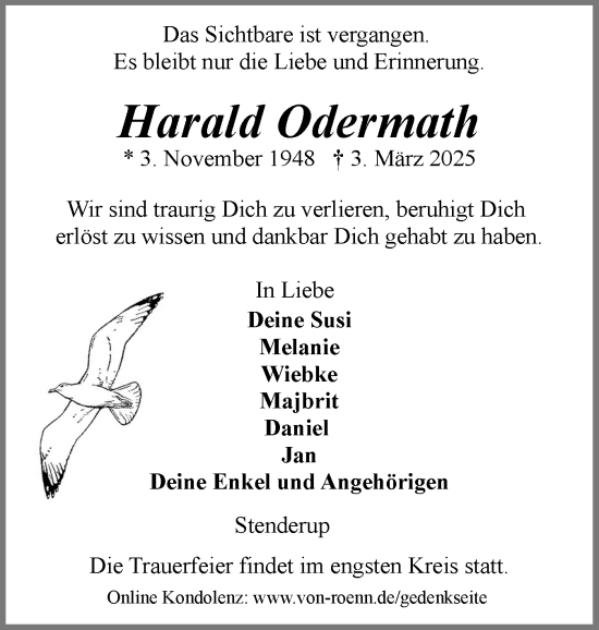 Traueranzeige von Harald Odermath von Schleswiger Nachrichten, Schlei-Bote