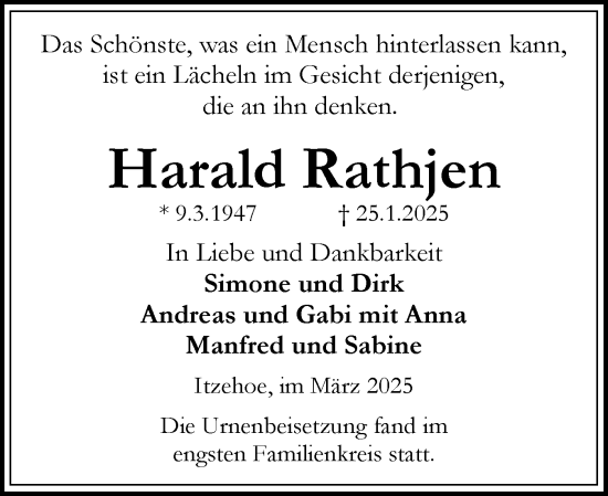 Traueranzeige von Harald Rathjen von Norddeutsche Rundschau, Wilstersche Zeitung, Glückstädter Fortuna