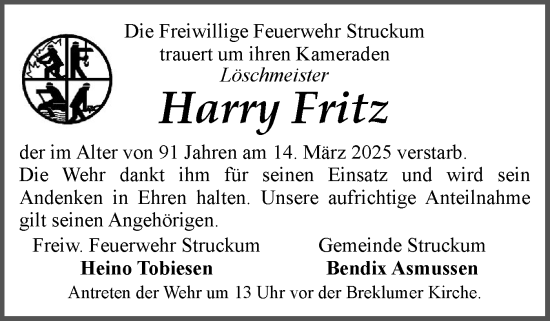 Traueranzeige von Harry Fritz von Husumer Nachrichten, Nordfriesland Tageblatt