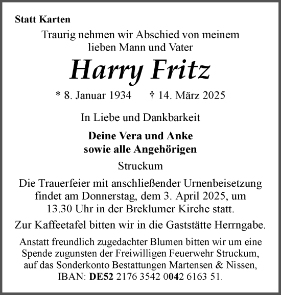 Traueranzeige von Harry Fritz von Husumer Nachrichten, Nordfriesland Tageblatt