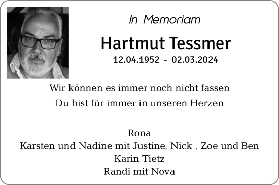 Traueranzeige von Hartmut Tessmer von Die WochenSchau Gesamtausgabe