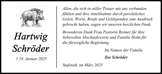 Traueranzeige von Hartwig Schröder von Schleswig-Holsteinische Landeszeitung