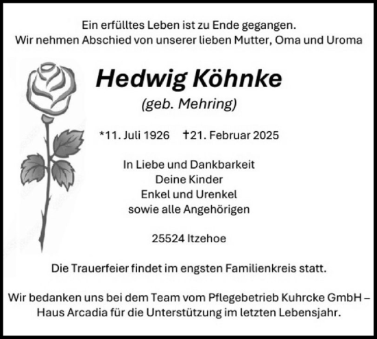 Traueranzeige von Hedwig Köhnke von Norddeutsche Rundschau, Wilstersche Zeitung, Glückstädter Fortuna
