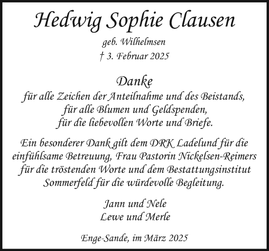 Traueranzeige von Hedwig Sophie Clausen von Husumer Nachrichten, Nordfriesland Tageblatt