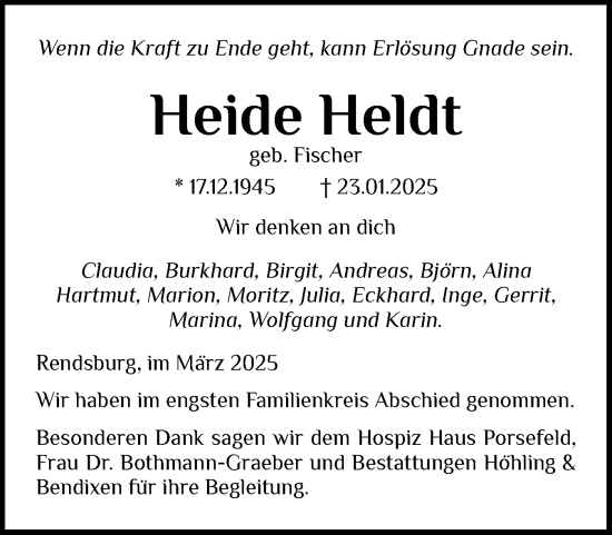 Traueranzeige von Heide Heldt von Schleswig-Holsteinische Landeszeitung