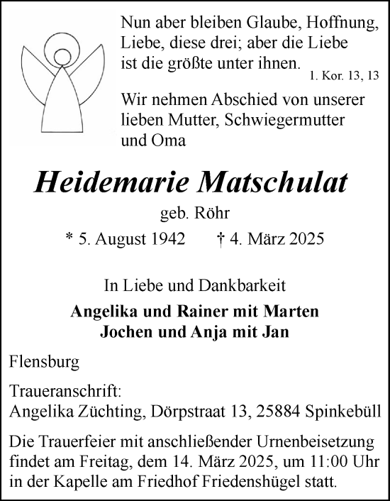 Traueranzeige von Heidemarie Matschulat von Flensburger Tageblatt