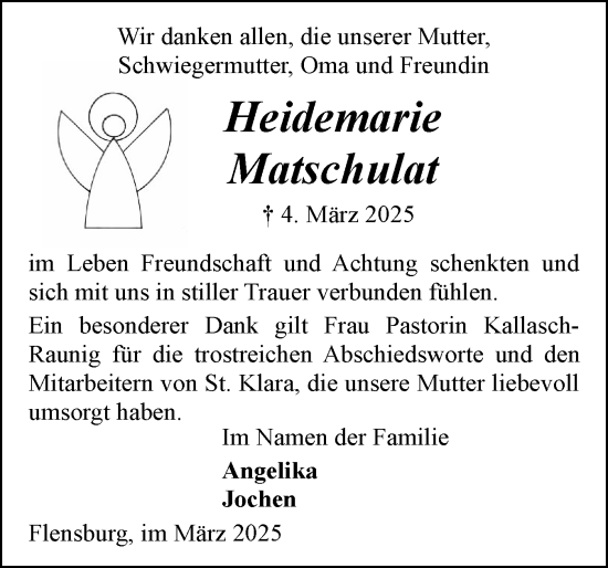 Traueranzeige von Heidemarie Matschulat von Flensburger Tageblatt