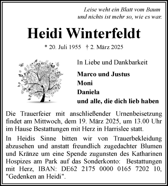 Traueranzeige von Heidi Winterfeldt von Flensburger Tageblatt