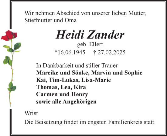 Traueranzeige von Heidi Zander von Norddeutsche Rundschau, Wilstersche Zeitung, Glückstädter Fortuna