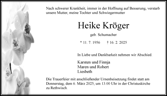 Traueranzeige von Heike Kröger von MARKT Bad Oldesloe/Reinfeld und Stormarner Tageblatt