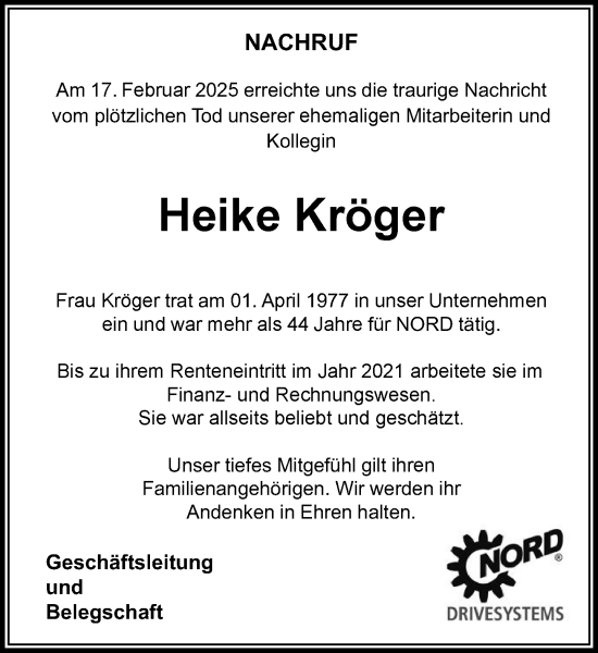 Traueranzeige von Heike Kröger von MARKT Bad Oldesloe/Reinfeld, MARKT Ahrensburg/Bargteheide/Trittau und Stormarner Tageblatt