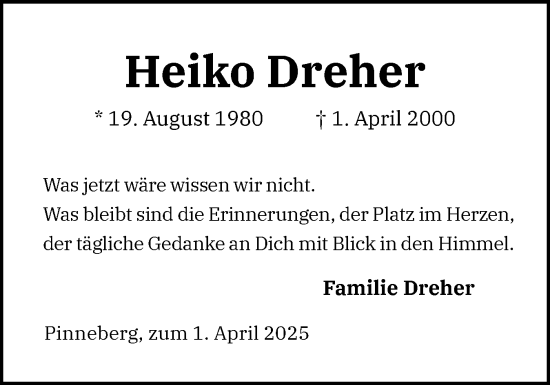 Traueranzeige von Heiko Dreher von Region Pinneberg und tip Pinneberg