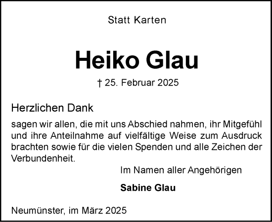 Traueranzeige von Heiko Glau von Holsteinischer Courier