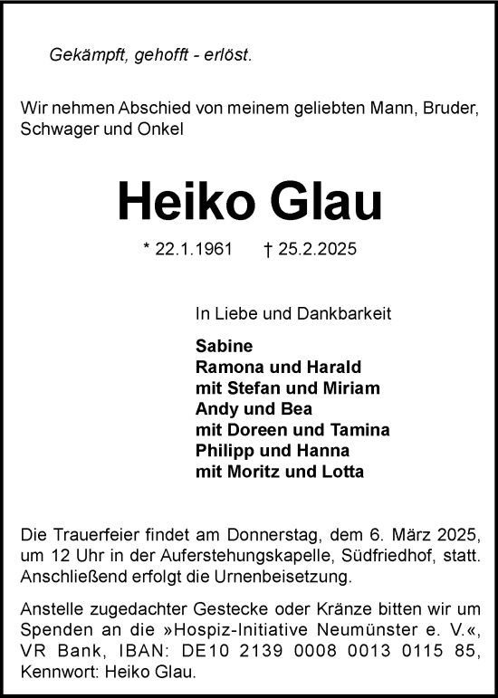 Traueranzeige von Heiko Glau von Holsteinischer Courier