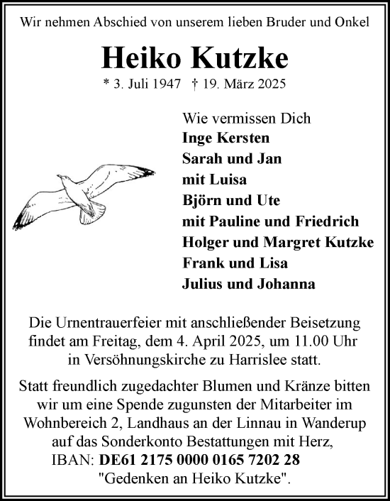 Traueranzeige von Heiko Kutzke von Flensburger Tageblatt