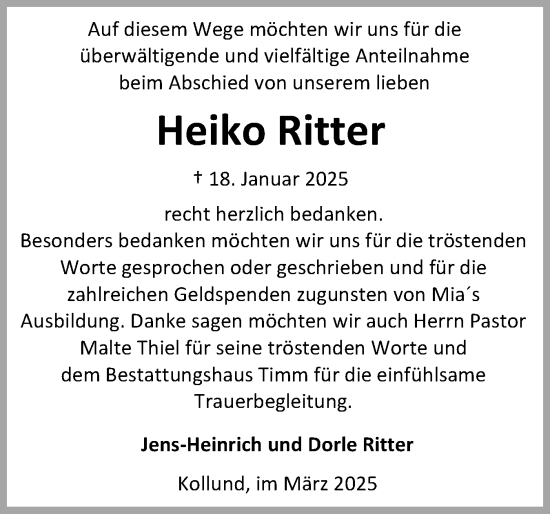Traueranzeige von Heiko Ritter von Husumer Nachrichten, Nordfriesland Tageblatt