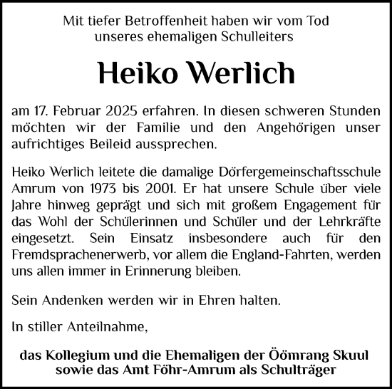 Traueranzeige von Heiko Werlich von Der Insel-Bote