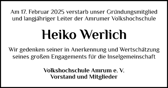 Traueranzeige von Heiko Werlich von Der Insel-Bote