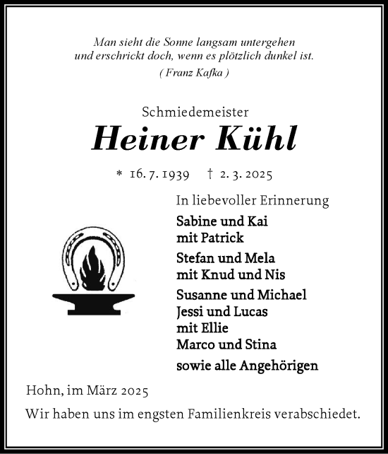 Traueranzeige von Heiner Kühl von Schleswig-Holsteinische Landeszeitung