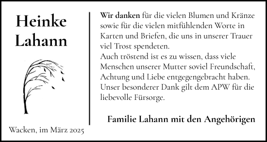 Traueranzeige von Heinke Lahann von Norddeutsche Rundschau, Wilstersche Zeitung, Glückstädter Fortuna