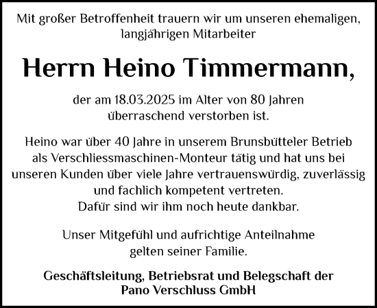 Traueranzeige von Heino Timmermann von Norddeutsche Rundschau, Wilstersche Zeitung, Glückstädter Fortuna
