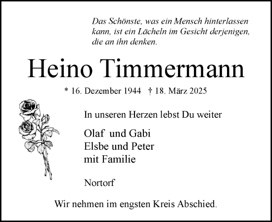 Traueranzeige von Heino Timmermann von Norddeutsche Rundschau, Wilstersche Zeitung, Glückstädter Fortuna