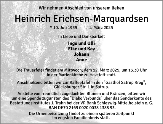 Traueranzeige von Heinrich Erichsen-Marquardsen von Schleswiger Nachrichten, Schlei-Bote